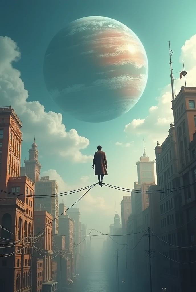 A man flies through the sky,Surrounded by a planet,A variety of stranger city surround it.