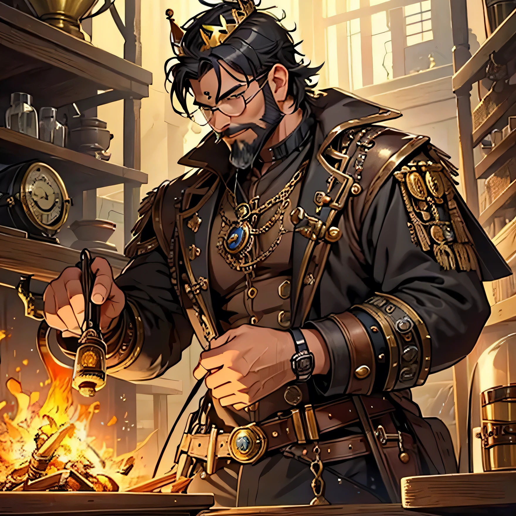 Master Blacksmith ((Steampunk)) middle aged man with medium black beard and short hair forging a ((Gavel)) carefully using a ((vintage glasses)) with several lenses using a (((golden crown))) in the head