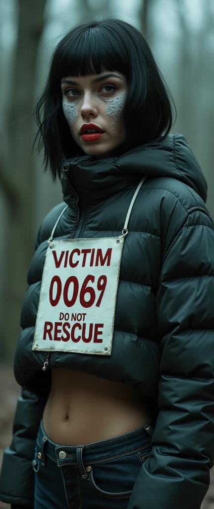 woman, bib "VICTIM 0069 DO NOT RESCUE", moncler ultra-short sporty down jacket,, flared jeans, stuck in bog,pale ethnic patterns ritual makeup, cold, red lips, sexy posing, bob haircut