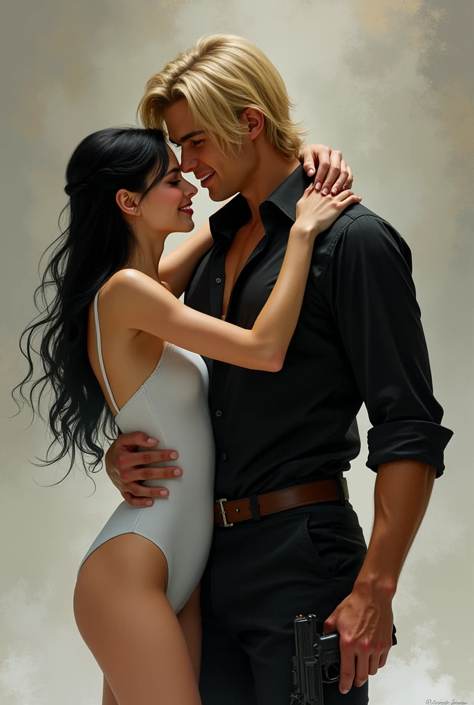 Beautiful 18 year old woman with black hair and white skin with blue eyes in an ice skater uniform smiling happily hugging a very tall muscular man with light brown skin with long blond hair and green eyes with a gun in his hand, black long sleeve dress shirt and black pants with angry expression 