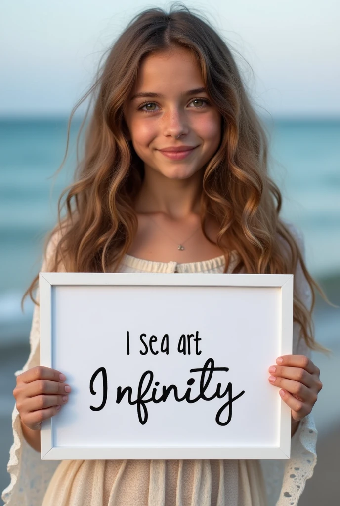 Beautiful girl with wavy long hair, bohemian dress, holding a white board with text "I Love Seaart Infinity" and showing it to the viewer