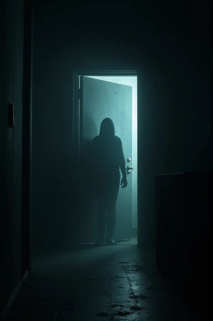 A darkened room with a partially open door and a shadowy figure in the doorway.