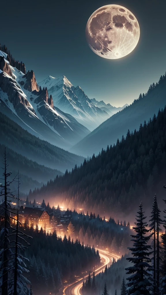 a night scene in the forest, the full moon appears between mountains and a small town at the bottom of the valley