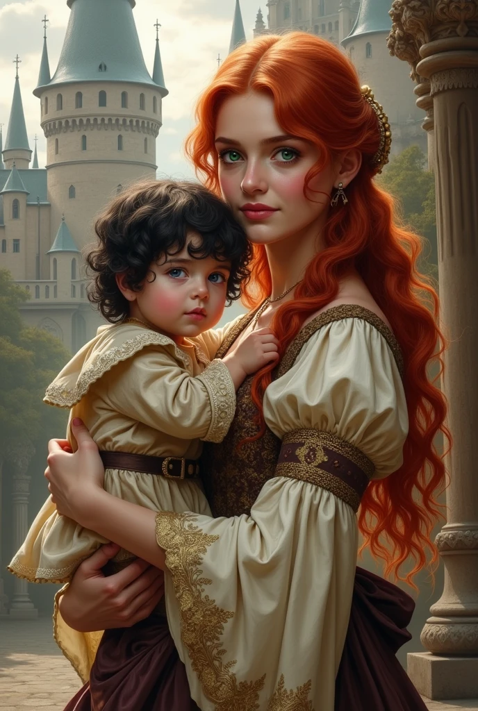 Create for me an image of a woman with red hair and green eyes dressed in medieval era dress holding a male child with black hair and violet eyes also dressed in medieval era clothing..