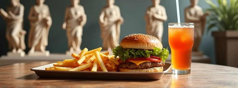 1 table with a tray of French fries, hamburger, and a soda with a straw next to it, background with the theme of Greek mythology Mount Olympus, statues of Greek gods in the background and the title on the glass (Athena's burgher) written in white