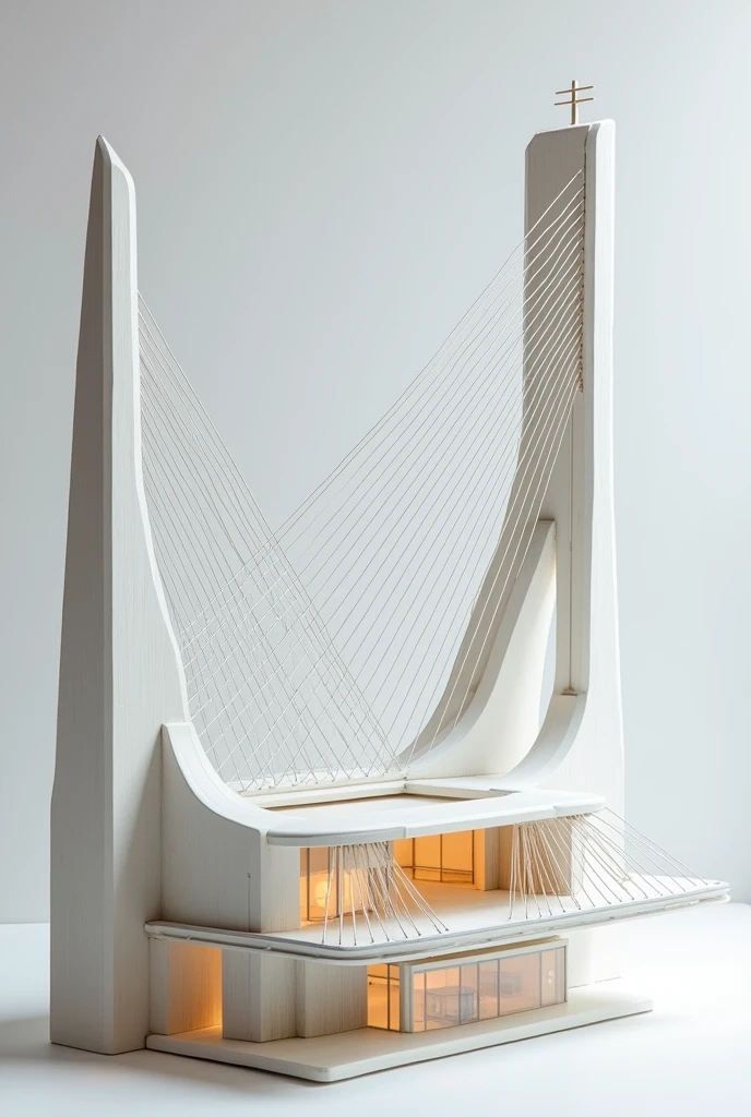 Building containing a cable structure, an arched structure in an architectural model