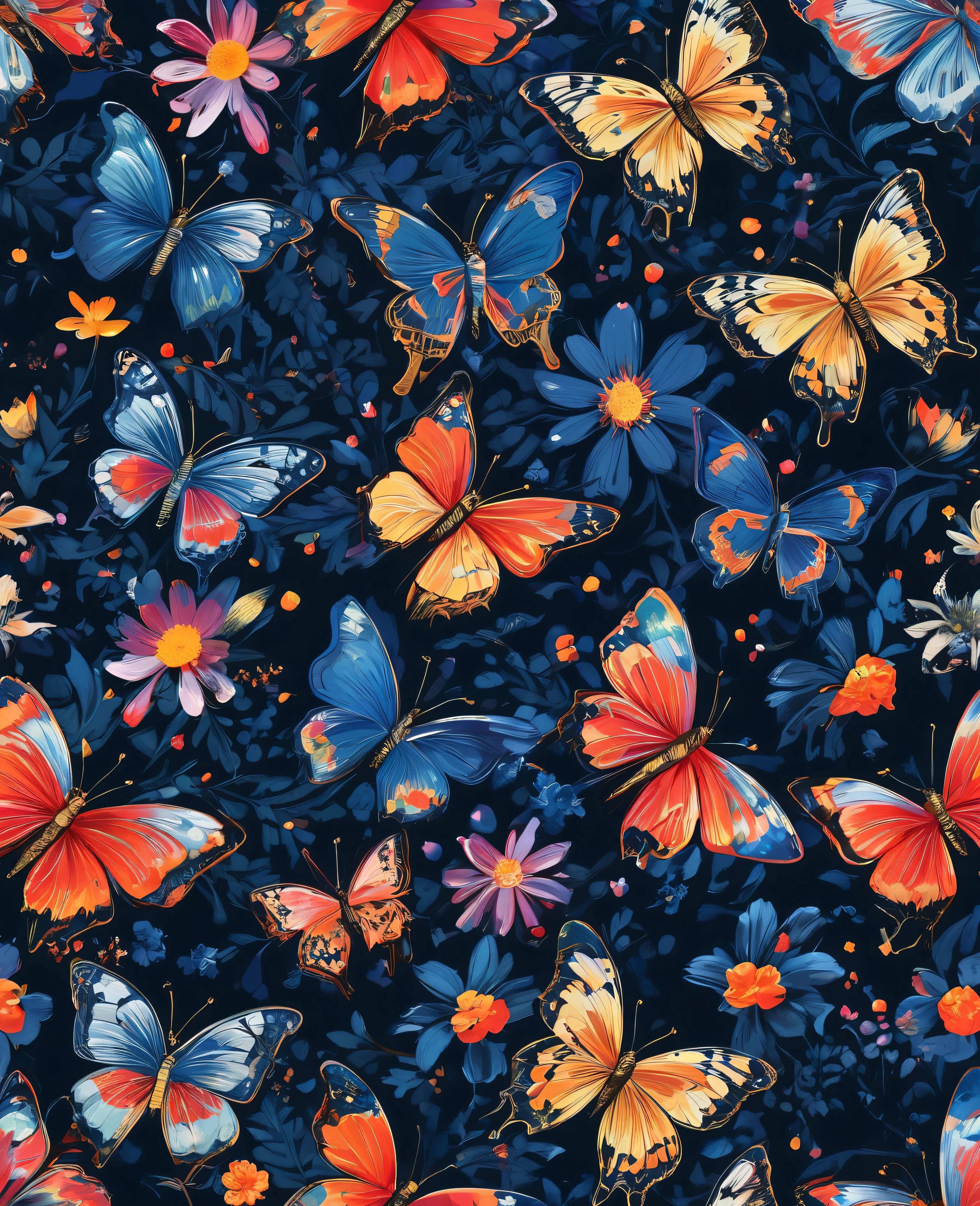 "An ultra-intricate 8K masterpiece inspired by Petra Cortright's graffiti and scribble style, featuring vibrant, metallic butterflies and delicate floral motifs. The design is a professional, highly detailed representation set against a deep midnight blue background, allowing the luminous colors of the butterflies and flowers to stand out. This composition merges elements of comics and contemporary art, showcasing an official artwork with exceptional quality and artistic depth. Each element is meticulously crafted, highlighting the shimmering metallic textures and intricate patterns, creating a visually captivating and dynamic piece."