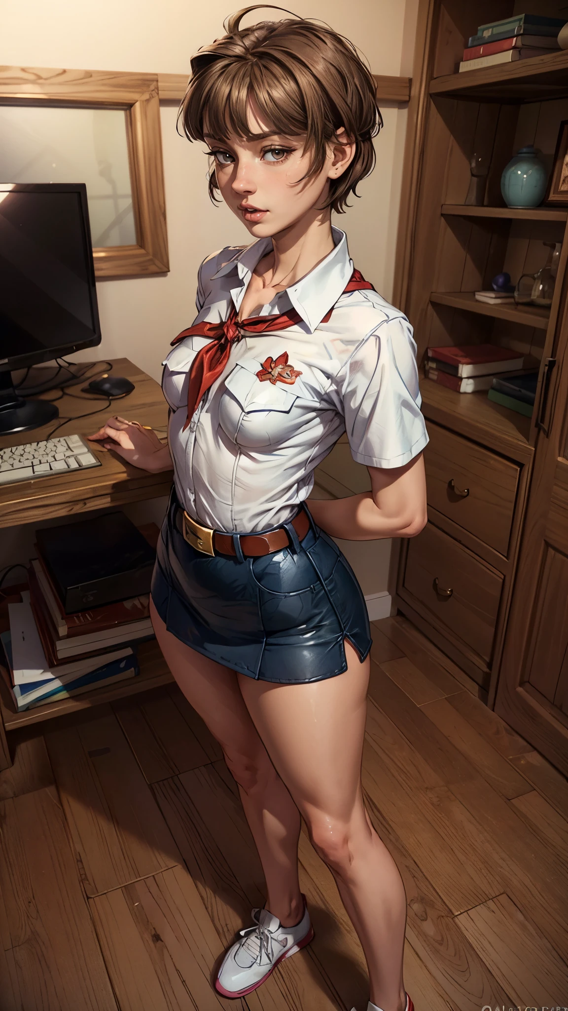 detailed eyes, (full body shot:1.2), 8k, (skinny body:1.2), curvy, (hands behind her back:1.2), seductive pose, looking at viewer, 8k vector photography, young , beautiful eyes, realistic lighting, detailed outfit, realistic facial features, hyper detail, (perfect angle, focus on face hips and breastegane), (very short hair:1.3), short disheveled hair, ahoge, flat chest, pioneer neckerchief, micro blue tight skirt, bangs, shirt, collarbone, very tight white shirt, short sleeves, collared shirt, belt, eyelashes, red neckerchief, breast pocket, maryarya, face, realistic eyes, better face