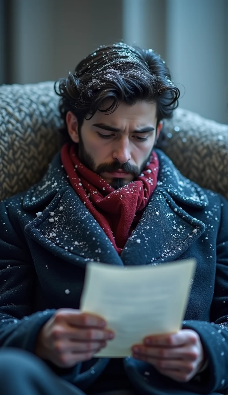A 21-year-old young rich man with a small beard and big mustache wearing a very lush bluish pent coat and a red muffler, lying next to a wall reading a paper letter looking down sorrowfully in shock and sadness Snow is still falling around.