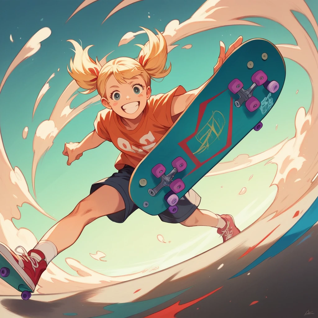Masterpiece, top quality, highly detailed, extremely detailed, ultra realistic, bold brush strokes anime style illustration. Cinematic lighting, skateboard girl doing somersaults, dynamic pose, blonde pigtails, smiling face, motion blur, set in a skateboard court.