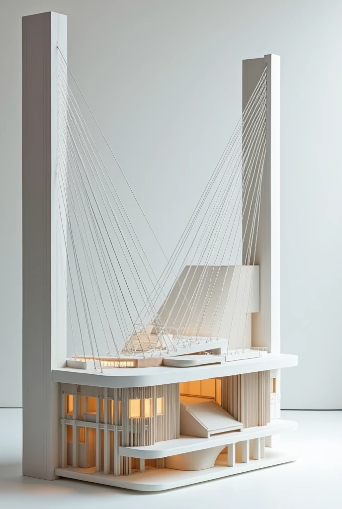 Building containing a cable structure, an arched structure in an architectural model