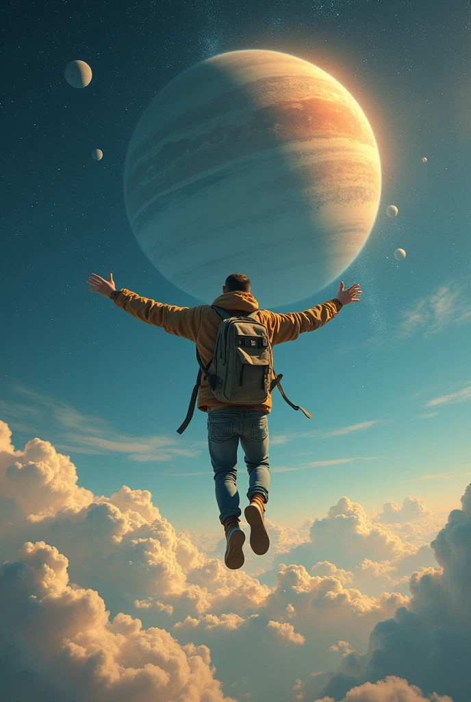 A man flies through the sky,Surrounded by a planet,A variety of goods surround it