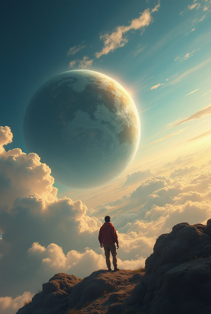 A man flies through the sky，Surrounded by a planet，A variety of goods surround it