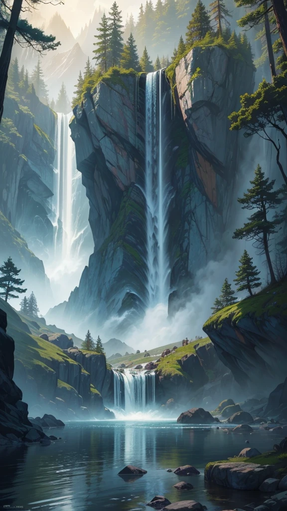 Photo of the waterfall taken from a cabin in the woods, amazing wallpapers, inspired by Andreas Rocha, Beautiful wallpaper, 4K detailed digital art, 4 k hd wallpaper illustration, andreas rocha style, 4k highly detailed digital art, author:Franz Hergi, Beautiful digital artwork, 4 k hd illustrative wallpaper, High quality wallpaper, arte de fundo