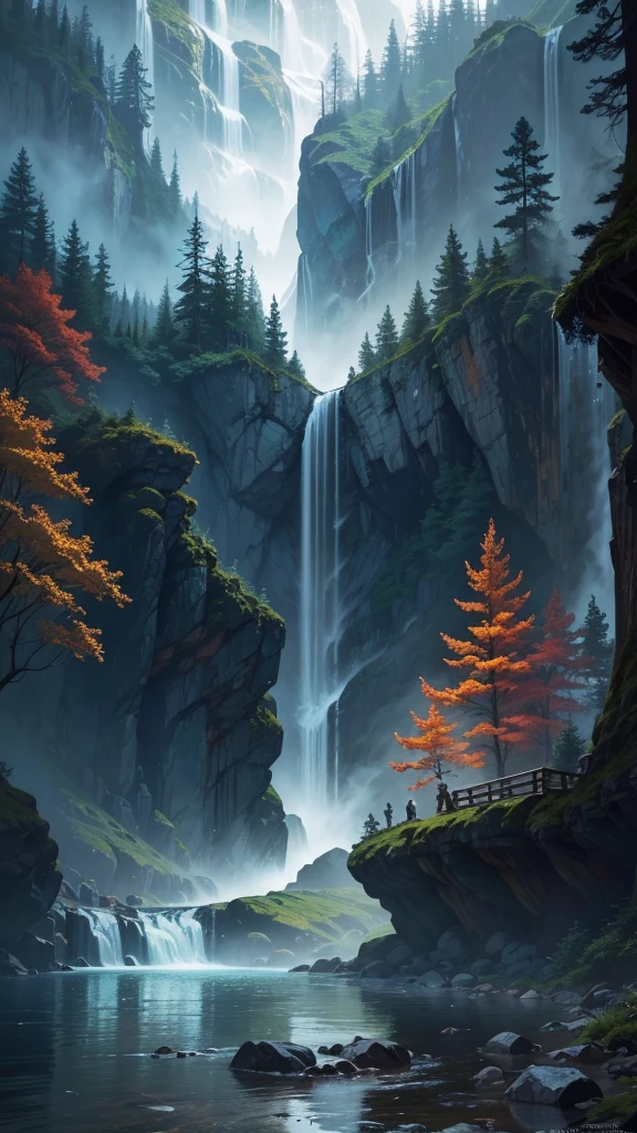 Photo of the waterfall taken from a cabin in the woods, amazing wallpapers, inspired by Andreas Rocha, Beautiful wallpaper, 4K detailed digital art, 4 k hd wallpaper illustration, andreas rocha style, 4k highly detailed digital art, author：Franz Hergi, Beautiful digital artwork, 4 k hd illustrative wallpaper, High quality wallpaper, arte de fundo