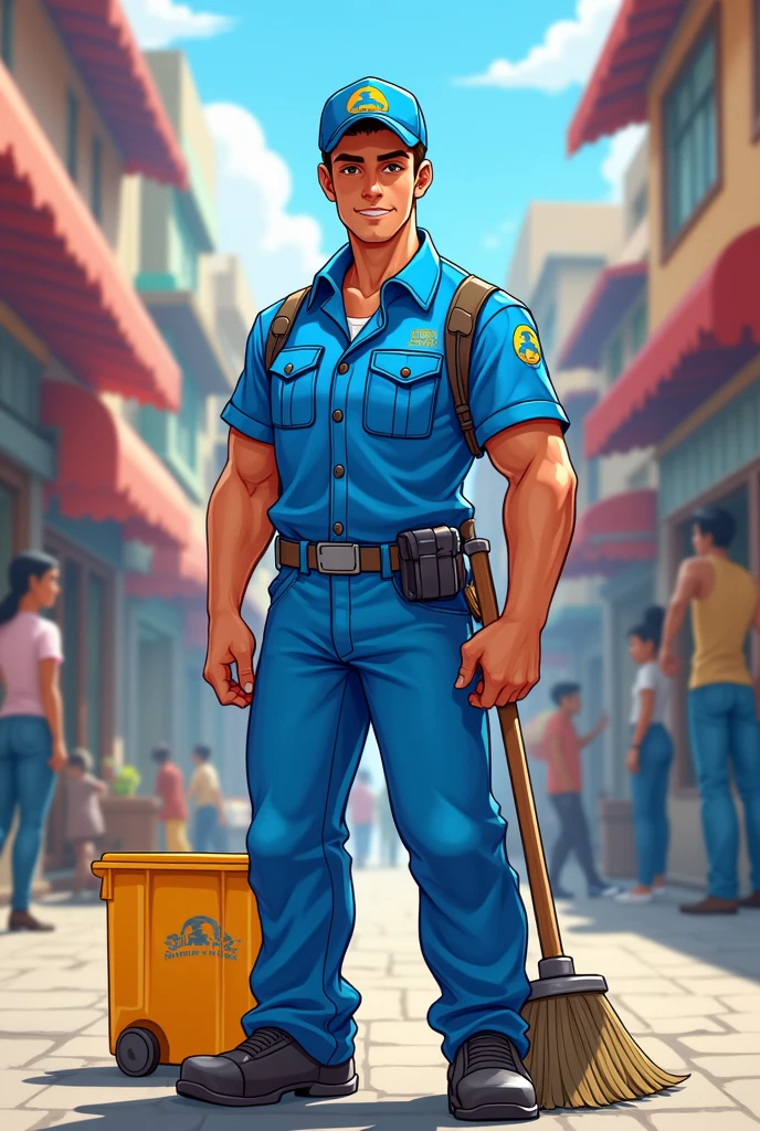 Andrei Duarte, Jorel's brother character, blue street cleaner's outfit.