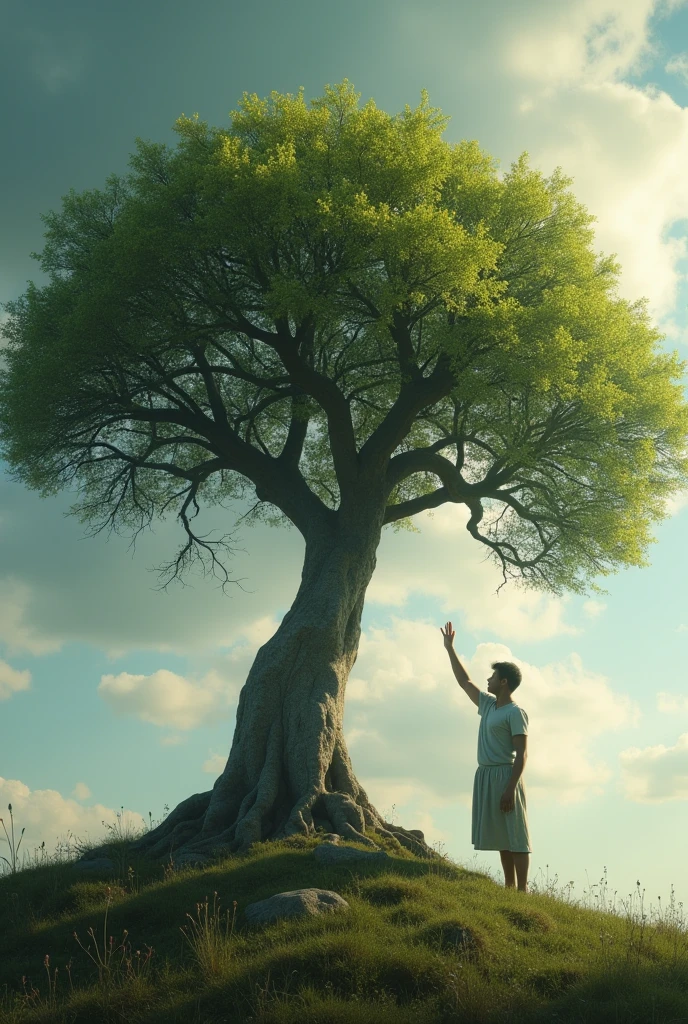 A homo sapiens touching a small magic tree with only one giant branch
