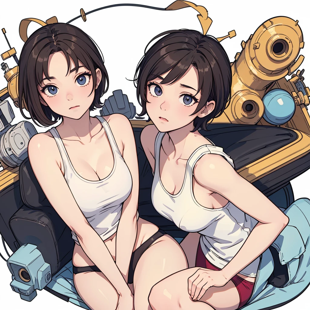 (((masterpiece, best quality, ultra highres, 1 girl, solo, no background))), super detailed skin and face and eyes and finger, beautiful japanese woman, small breasts:1.5, skinny, light brown hair, white background, very short pixie hair, cowboy shot, Generate with illustrations, Various expressions, Various poses, Please draw the entire character within the frame, ensuring that the head, arms, and legs are not cut off. The background should be simple, with the character positioned centrally, outline, anime, 2d, boyish, thong, expressionless, tank top, relax, sprawl, hoodie,