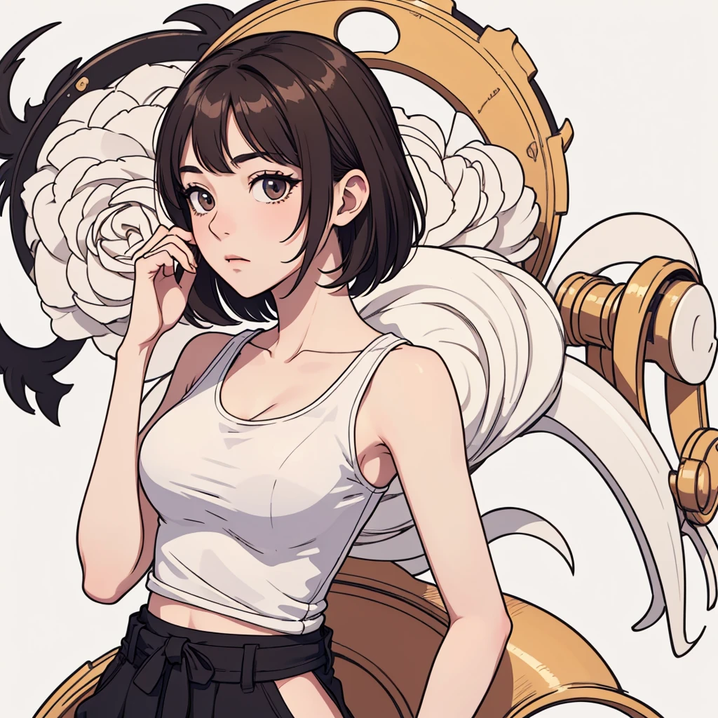 (((masterpiece, best quality, ultra highres, 1 girl, solo, no background))), super detailed skin and face and eyes and finger, beautiful japanese woman, small breasts:1.5, skinny, light brown hair, white background, very short pixie hair, cowboy shot, Generate with illustrations, Various expressions, Various poses, Please draw the entire character within the frame, ensuring that the head, arms, and legs are not cut off. The background should be simple, with the character positioned centrally, outline, anime, 2d, boyish, thong, expressionless, tank top, relax, sprawl, hoodie,