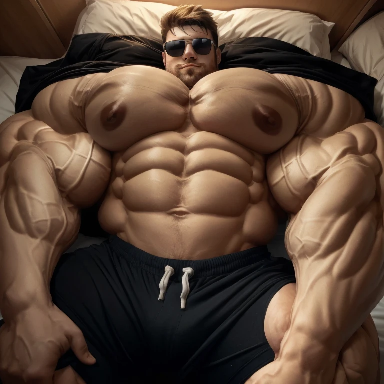 hyper growth, hyper muscles, upshot pecs, a very handsome young man, exaggeratedly huge, sunglasses, shirtless wearing black shorts, exaggeratedly huge body, exaggeratedly muscular, exaggeratedly huge muscles, exaggeratedly huge arms, biceps, shoulders and pecs, lying on a bed