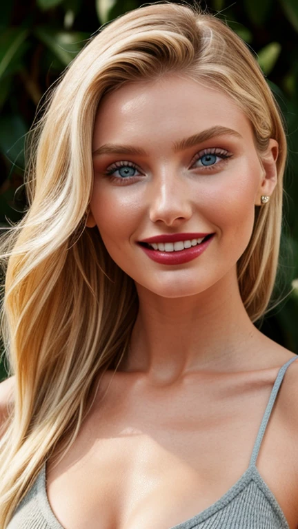 Elsa Hosk in low-cut worsted clothing with lipstick and smiling