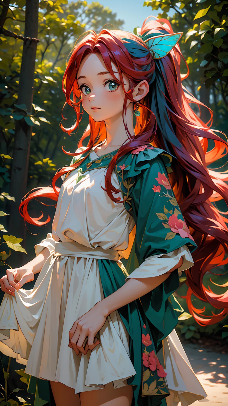 Hight Qualit, master piece, A cute fairy fairy staring at the camera (()) Your hair is red ((Red hair)) Blue gradient dress with green, Looking at the screen with a green forest in the background