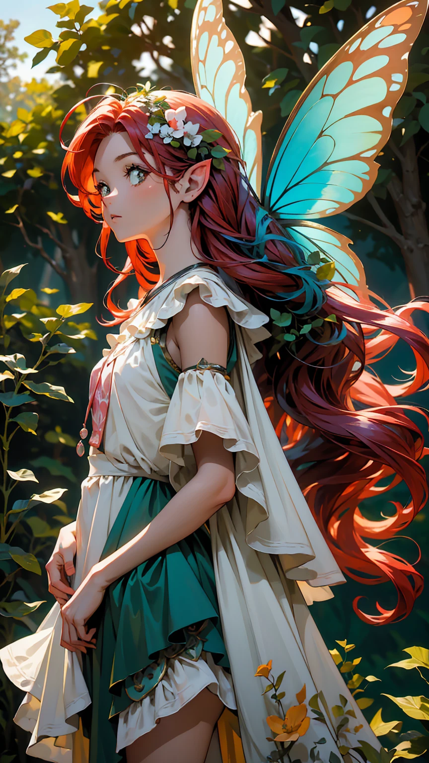 Hight Qualit, master piece, A cute fairy fairy staring at the camera (()) Your hair is red ((Red hair)) Blue gradient dress with green, Looking at the screen with a green forest in the background