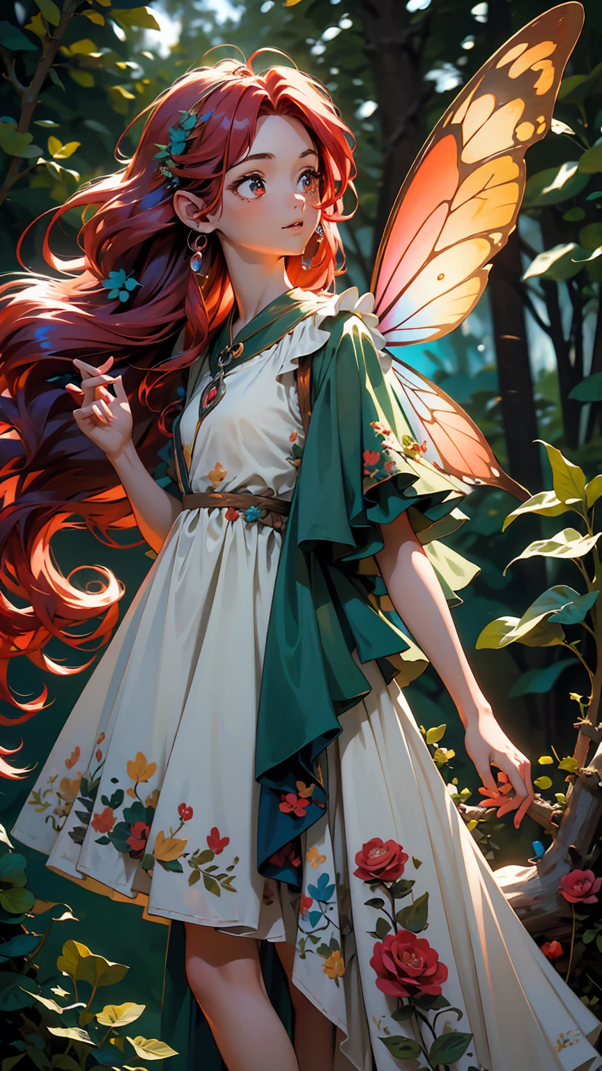 Hight Qualit, master piece, A cute fairy fairy staring at the camera ((15 years old)) Your hair is red ((Red hair)) Blue gradient dress with green, Looking at the screen with a green forest in the background