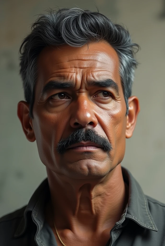 Make a man of half idea gray hair with a mustache medium dark skin color and serious short Brazilian hair