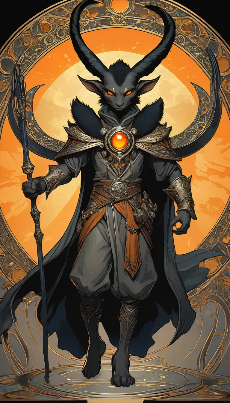 small humanoid with brown skin and goblin ears, he has tufts of black fur for hair, he has glowing orange eyes, he is casting wild magic, fantasy effects, d&d, fantasy, masterpiece, good anatomy, dynamic pose, good proportions, modern style, vector, highly detailed, intricate, masterpiece, realistic, professional, Dark Fantasy, d&d, replace all gold in image with silver (centered), (well framed), vector-art, gradient color, detailed, realistic, professional art masterpiece, (Art Nouveau), Illustration by Alphonse Mucha, (vector-art:1.1) Negative prompt
