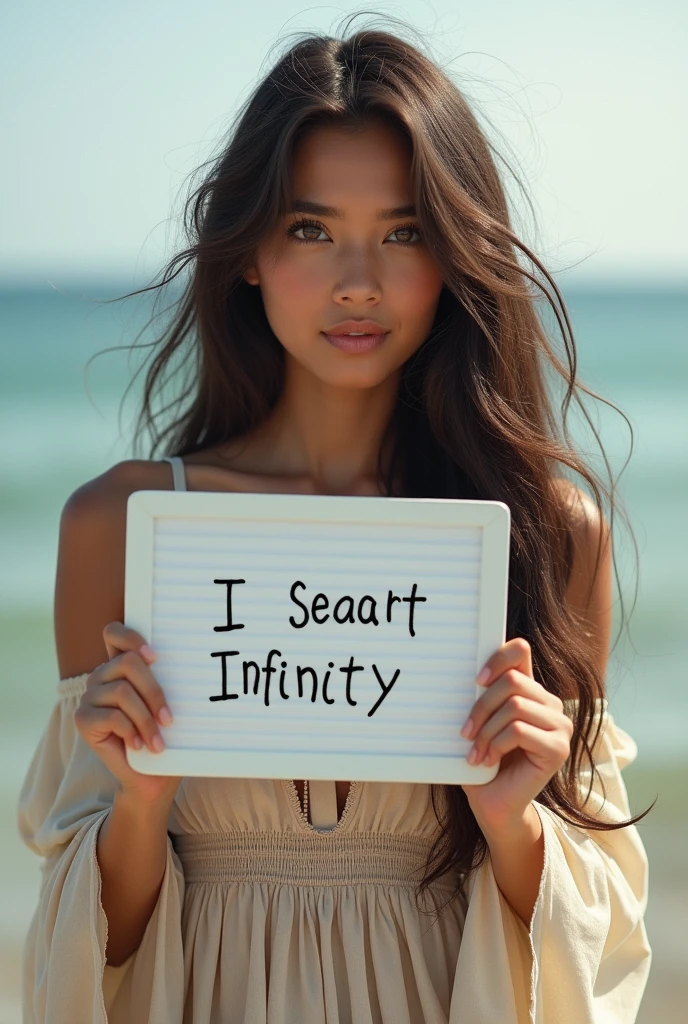 Beautiful girl with wavy long hair, bohemian dress, holding a white board with text "I Love Seaart Infinity" and showing it to the viewer