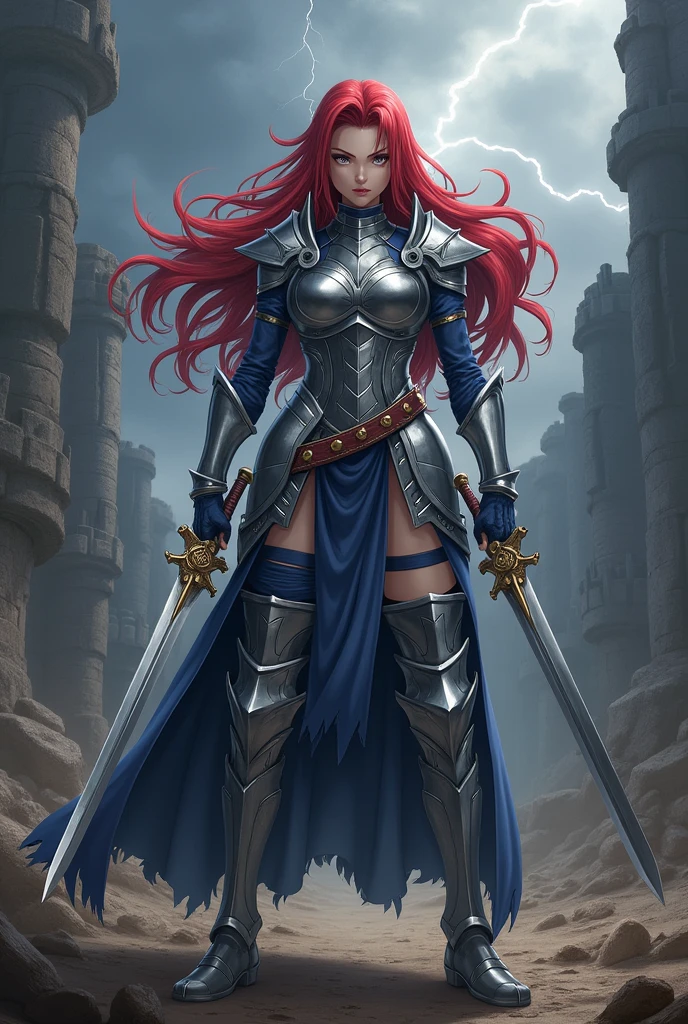 Here’s a revised prompt for creating a realistic image of Erza Scarlet from *Fairy Tail*:

### Prompt:

**Main Content:** Erza Scarlet, depicted in a realistic style, wearing her iconic (((Heaven’s Wheel Armor))). Her long, ((crimson hair)) has a natural, flowing texture, contrasting against the intricately detailed, polished silver and blue armor. She holds dual swords with a powerful grip, her muscles subtly defined, conveying her strength and readiness for battle. Her expression is intense, with lifelike features, showcasing determination and focus.

**Environmental Background:** Set in a realistic battlefield scene with crumbling stone structures and a dark, stormy sky. The ground is scattered with debris, and the air is thick with tension. The lighting is natural, with the overcast sky casting a moody, diffused light across the scene, while occasional flashes of lightning highlight the background.

**Composition of Shots:** Erza is centered in the frame with a slight low-angle perspective to emphasize her commanding presence. The focus is sharp on her figure, with a shallow depth of field blurring the background, adding depth and realism to the scene.

**Image Settings:** Ultra-high detail with a focus on realistic textures, including the metallic sheen of her armor, the natural flow of her hair, and the weathered look of the battlefield. The lighting should mimic real-world conditions, with shadows and highlights adding depth to her form.

**Reference Style:** Inspired by realistic fantasy art, combining anime character design with lifelike detail and realism in armor, facial features, and environment.

**Negative Prompt:** (bad hands, bad anatomy, bad body, bad face, bad teeth, bad arms, bad legs, deformities: 1.3)

This version emphasizes realism in every aspect, from Erza’s armor and hair texture to the lighting and environmental details, aiming for a lifelike portrayal of the character in a dynamic, realistic battle scene.