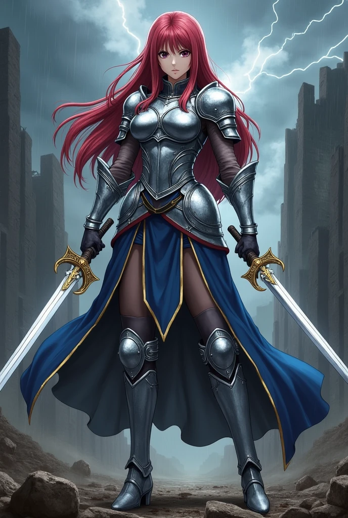 Here’s a revised prompt for creating a realistic image of Erza Scarlet from *Fairy Tail*:
### Prompt:
**Main Content:** Erza Scarlet, depicted in a realistic style, wearing her iconic (((Heaven’s Wheel Armor))). Her long, ((crimson hair)) has a natural, flowing texture, contrasting against the intricately detailed, polished silver and blue armor. She holds dual swords with a powerful grip, her muscles subtly defined, conveying her strength and readiness for battle. Her expression is intense, with lifelike features, showcasing determination and focus.
**Environmental Background:** Set in a realistic battlefield scene with crumbling stone structures and a dark, stormy sky. The ground is scattered with debris, and the air is thick with tension. The lighting is natural, with the overcast sky casting a moody, diffused light across the scene, while occasional flashes of lightning highlight the background.
**Composition of Shots:** Erza is centered in the frame with a slight low-angle perspective to emphasize her commanding presence. The focus is sharp on her figure, with a shallow depth of field blurring the background, adding depth and realism to the scene.
**Image Settings:** Ultra-high detail with a focus on realistic textures, including the metallic sheen of her armor, the natural flow of her hair, and the weathered look of the battlefield. The lighting should mimic real-world conditions, with shadows and highlights adding depth to her form.
**Reference Style:** Inspired by realistic fantasy art, combining anime character design with lifelike detail and realism in armor, facial features, and environment.
**Negative Prompt:** (bad hands, bad anatomy, bad body, bad face, bad teeth, bad arms, bad legs, deformities: 1.3)
This version emphasizes realism in every aspect, from Erza’s armor and hair texture to the lighting and environmental details, aiming for a lifelike portrayal of the character in a dynamic, realistic battle scene.