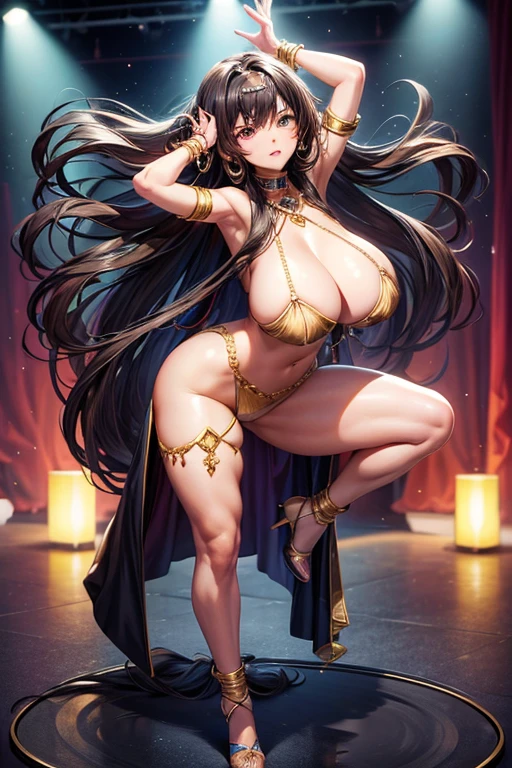 Best Quality, High resolution, ultra detailed, 1 girl, (long_hair, Alone, dark hair, collar, bangles, big breasts, heels, huge breasts, dance position.