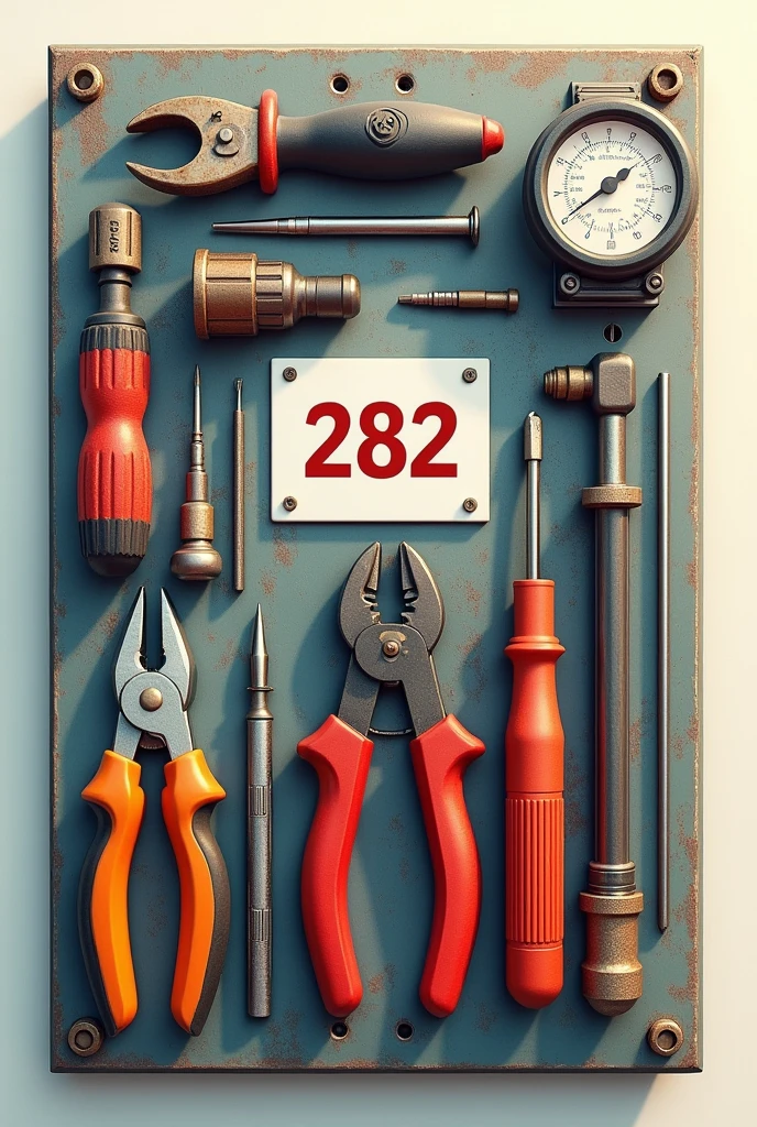 Electrician&#39;s plate, with electrician&#39;s tools,  ex.: alicate de corte, screwdriver, pliers, voltammeter and the number 282 in the center of the plate