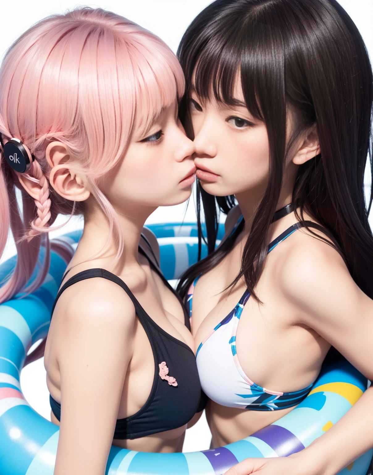 8k,masterpiece,Japanese,best quality, two girls, (kissing:1.1), bikini, (innertube1.7), reluctantly, (blush:1.8), (breasts:1.2)