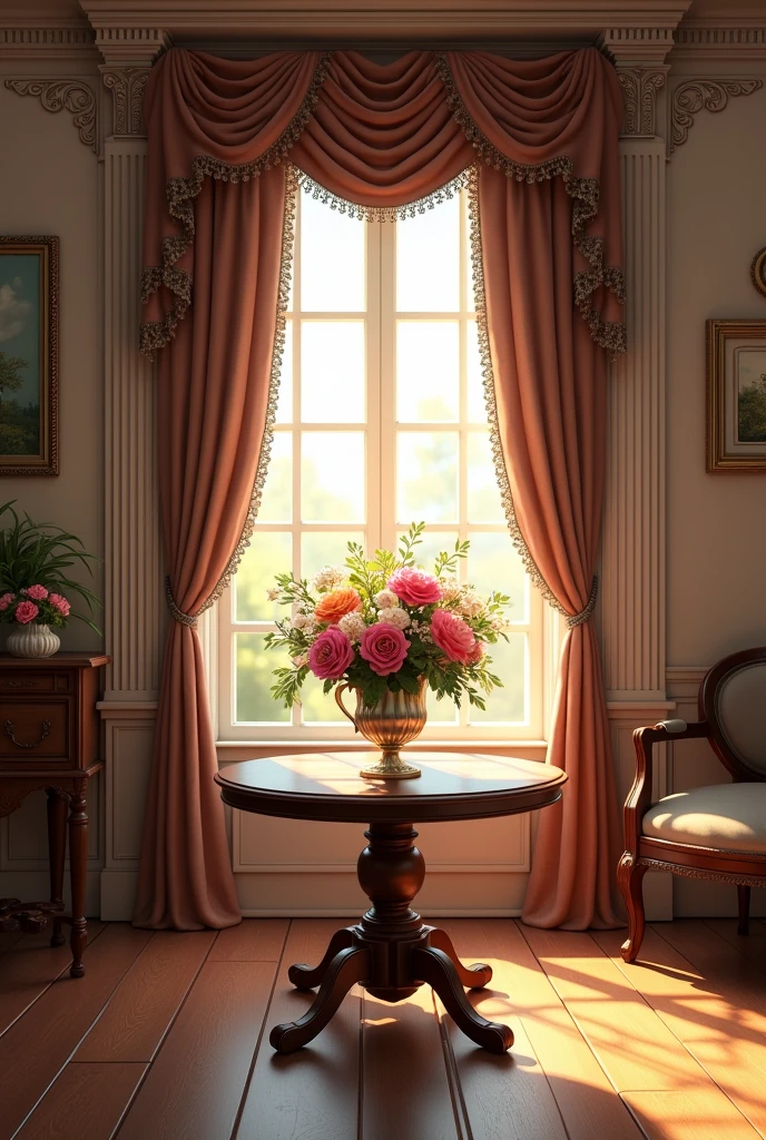 Victorian room with curtains, wooden floor and a round table with a vase of flowers on top