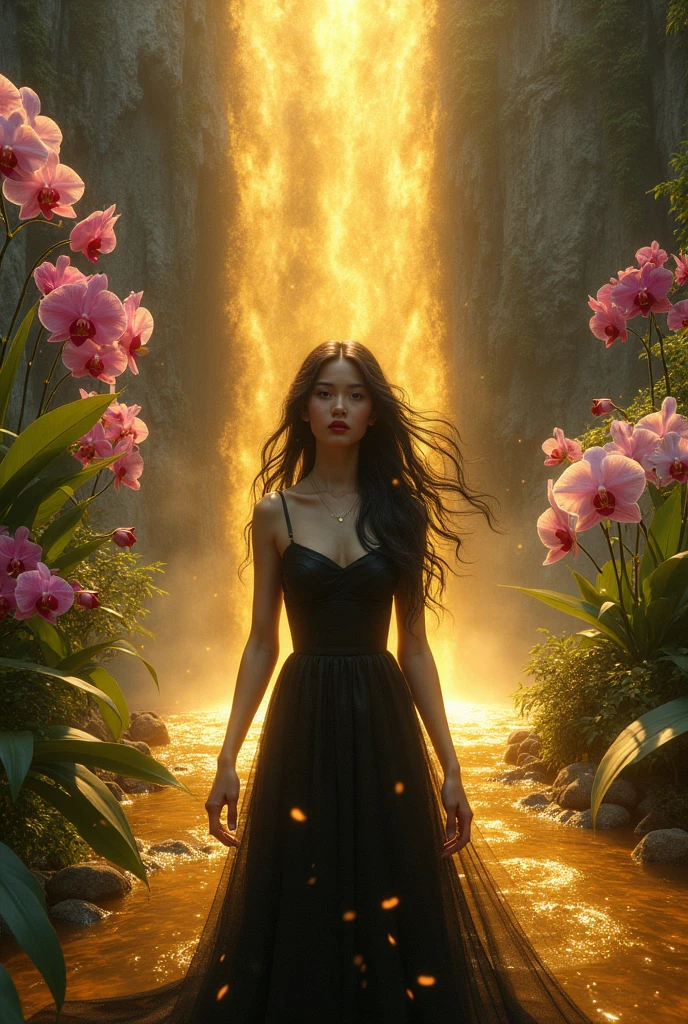 Waterfall of flowing liquid gold and a garden of orchids of various colors and a pomba gira spirit with loose black hair, skin fair, red lipstick and long black dress