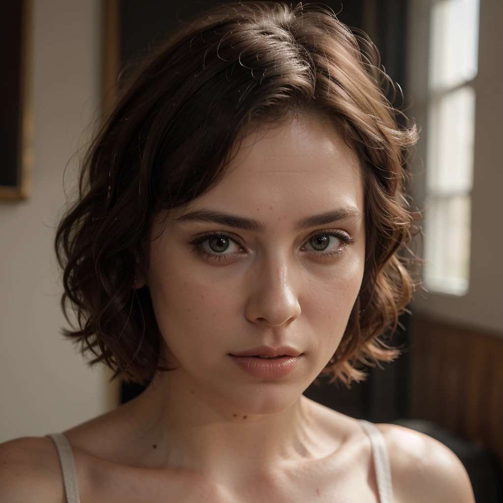 beautiful italian woman, short wavy hair, detailed face, intricate hairstyle, natural lighting, cinematic, warm color palette, high quality portrait, photorealistic, masterpiece, 8k, extremely detailed, sharp focus, realistic skin texture, chiaroscuro lighting, dramatic shadows, glamorous, elegant, serene expression