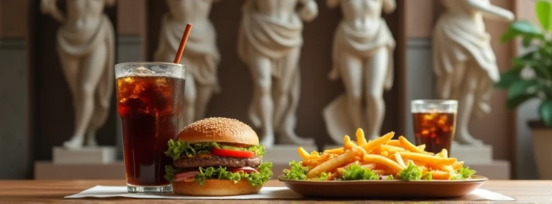 1 table with a tray of French fries in the right corner,  hamburger, and a dark soda with a straw, background with the theme of Greek mythology Mount Olympus, statues of greek goddesses and gods in the background