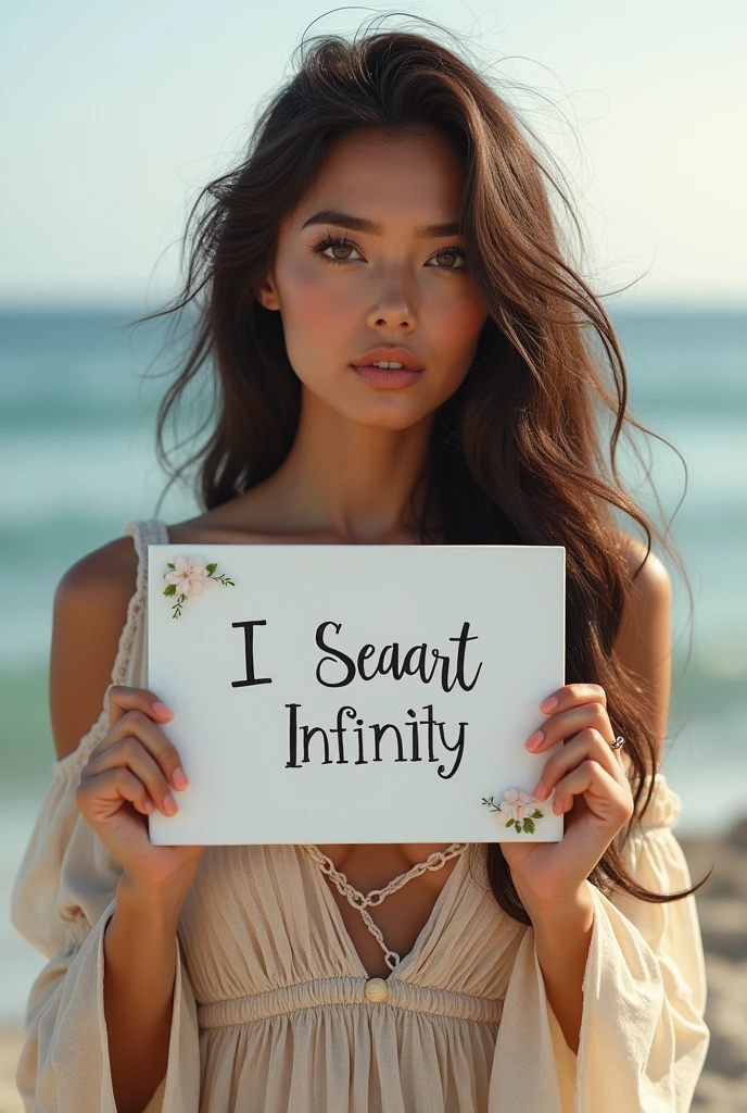 Beautiful girl with wavy long hair, bohemian dress, holding a white board with text "I Love Seaart Infinity" and showing it to the viewer