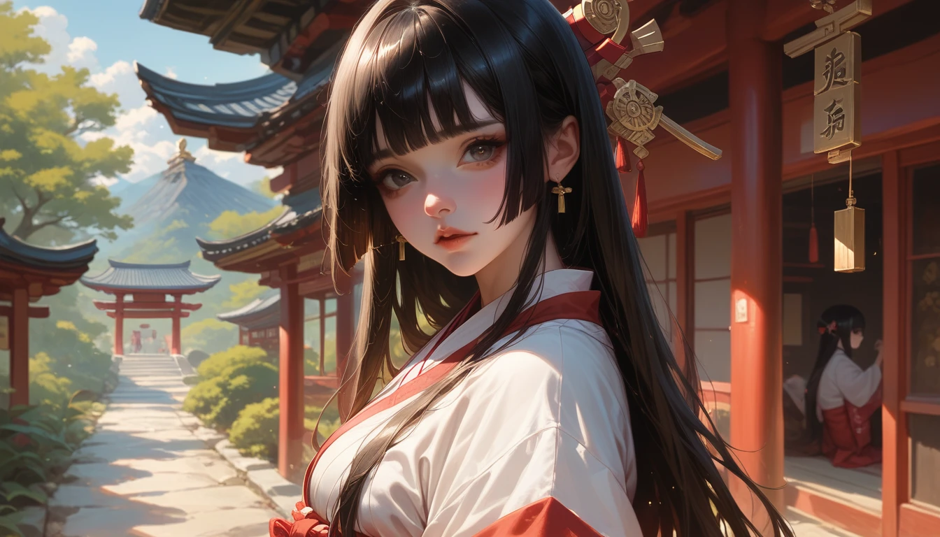japanese miko clothing black hair hime cut detailed eyes at japanese temple shrine, gold kanzashi