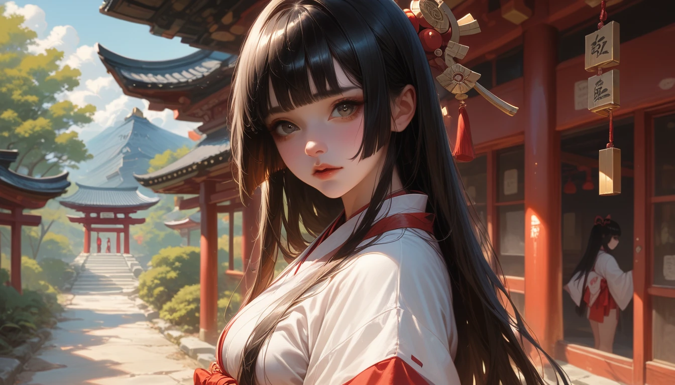 japanese miko clothing black hair hime cut detailed eyes at japanese temple shrine, gold kanzashi