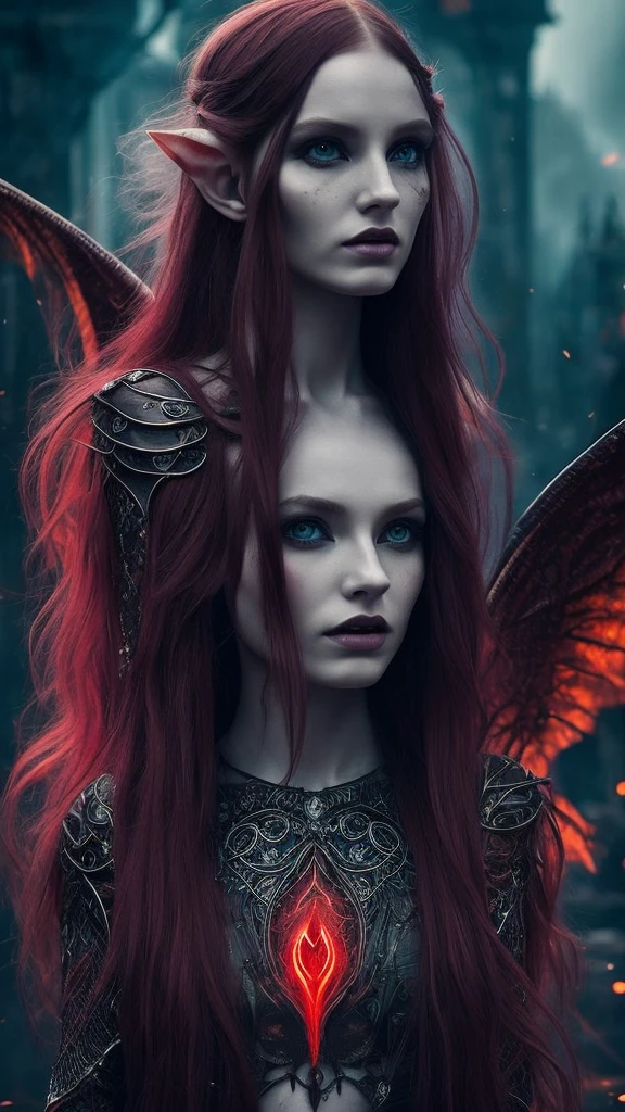 Dark surealis horror gothic fantasy macabre vacui art scary,creepy elf with dark magic an red energy rune, red sad,   UHD 3D Up, 16k kontras tinggi,  lonely, red long hair, hyperdetailed pale skin made by snow, with broken wings, cracked skin, because she had crashing into the earth, like an asteroid with explosion, huge holes a fractal pohon besar yang sangat rumit dan meliuk yang sedang menari melayang di pinggir danau, bulan merah terlihat dari kejauhan with a cosmic in body, two flying Skulls,  cityscape where buildings and streets merge seamlessly into circuit-like patterns. The neon colors here are more subtle, used to highlight key features against a predominantly dark background, creating a sense of depth and complexity. hyperdetailed hyperluxury 
