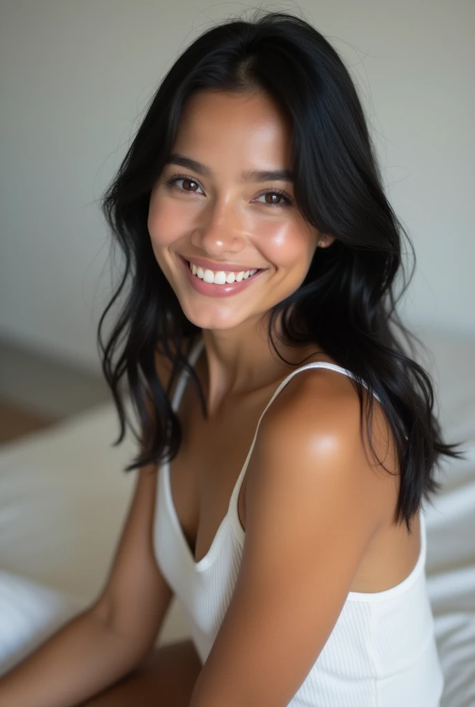 a 28 year old brazilian woman sitting on a white bed weighing 70 kilos standing in front of a group of people next to her friend, perfect straight and silky hair, posing on bed, wearing a tshirt, photoshoot for a skincare brand, soft portrait shot from 8k, with straight black hair, light gray, smiling model, Instagram model, nuisette, close-up portrait of woman, focus on the model, leaked image