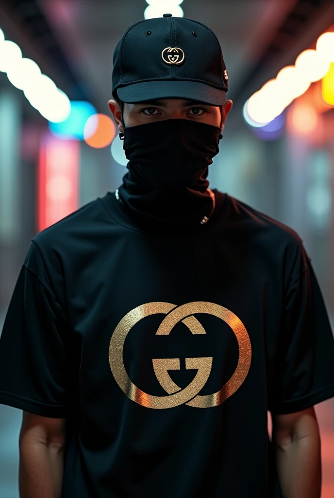 Man with black cap and mask and Gucci t-shirt