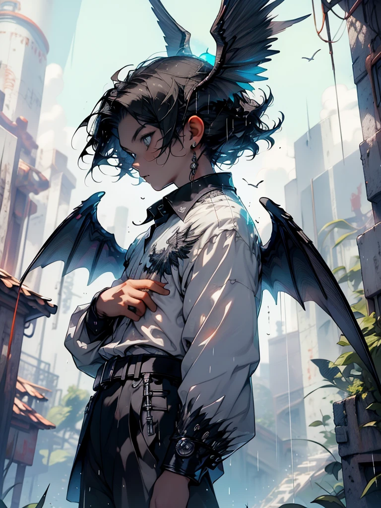 wings, feathered wings, halo, angel wings, angel, black wings, white wings, solo, single wing, rain, spread wings, bird wings, male focus, demon wings, black hair, 1boy, belt, mini wings, shirt, multiple wings, glowing, winged arms