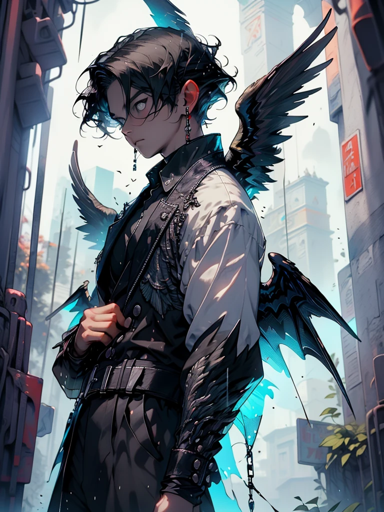 wings, feathered wings, halo, angel wings, angel, black wings, white wings, solo, single wing, rain, spread wings, bird wings, male focus, demon wings, black hair, 1boy, belt, mini wings, shirt, multiple wings, glowing, winged arms