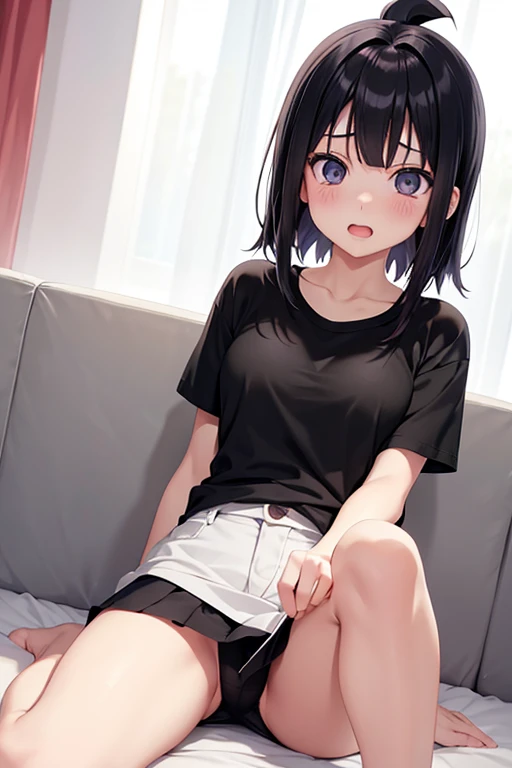 naruto、Hinata、Black Hair、Show your crotch、Plain T-shirt、Miniskirt、White underwear、Blushing、Open your legs、Open your mouth、