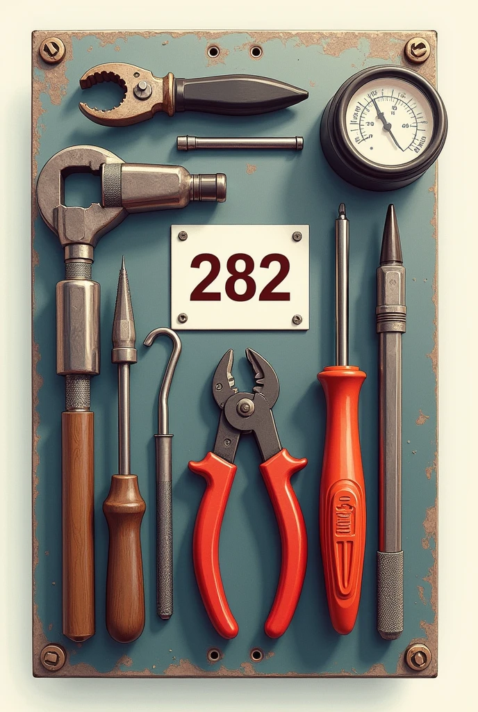 Electrician's plate, with electrician's tools, ex.: alicate de corte, screwdriver and pliers ammeter and the number 282 in the center of the plate